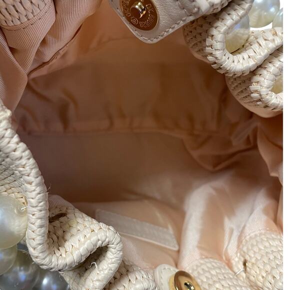 Melie Bianco Josie Natural Small Straw Pearl Embellished Top Handle Bag - Picture 7 of 8